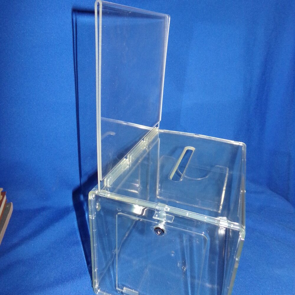 New-LG Acrylic Plastic Locking Ballot, Raffle, Donation Box w/ Advertising Sign